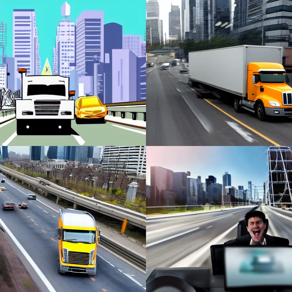 Prompt: a computer nerd is driving his desk on a super highway while a giant truck is behind him, panic, screaming, traffic