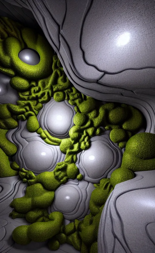 Image similar to highly detailed ultra sharp 3 d render cinematic composition of a smooth ceramic porcelain biomorphic magnolia stone nebula fluid fractal sci - fi surreal architecture landscape, granite, metallic, magnesium, marble, moss and lichen, vincent callebaut composition, mamou - mani, archviz, beautiful lighting, 8 k, unreal engine, hdr,