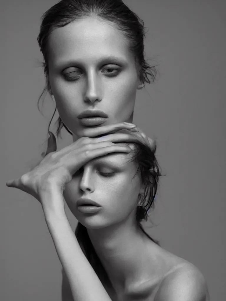 Image similar to medium format fine art portrait mid shot minimal fashion model marine vacth by reza nia, nick knight, amy judd, jil sander romantic heavenly elite style, beautiful perfect koinophilia face, perfect anatomical human form, posed, blush beauty makeup, studio, golden ratio, studio lighting, studio, flat neutral tone, sharp focus, fine detail, stunning matte painting