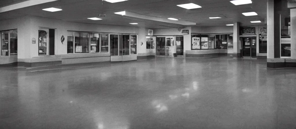 Image similar to circa 2 0 0 2 1 3 mm film photograph of an empty mcdonalds, liminal, dark, flash on, blurry, grainy, unsettling