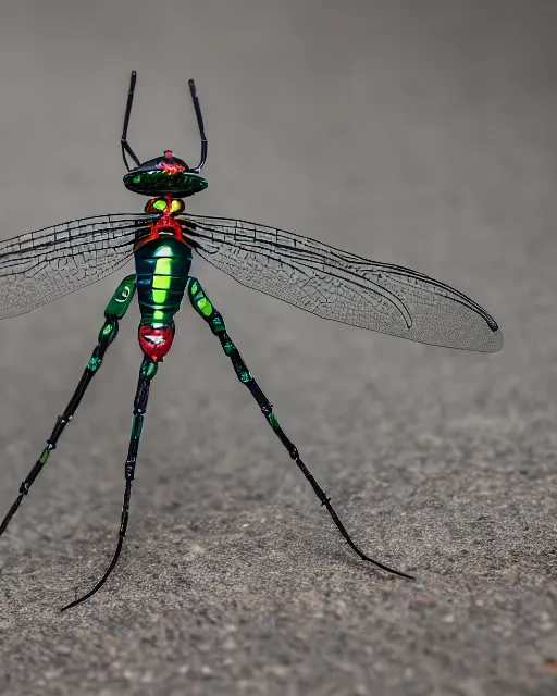 Image similar to high quality presentation photo of a miuature robotic dragonfly, photography 4k, f1.8 anamorphic, bokeh, 4k, Canon, Nikon