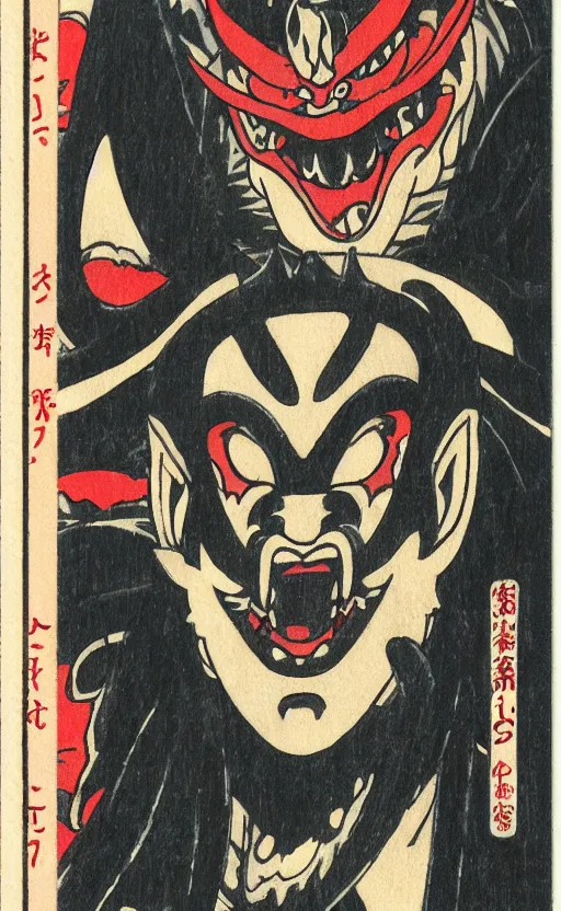 Image similar to by akio watanabe, manga art, man with japanese demon mask, oni horns, yokai, trading card front