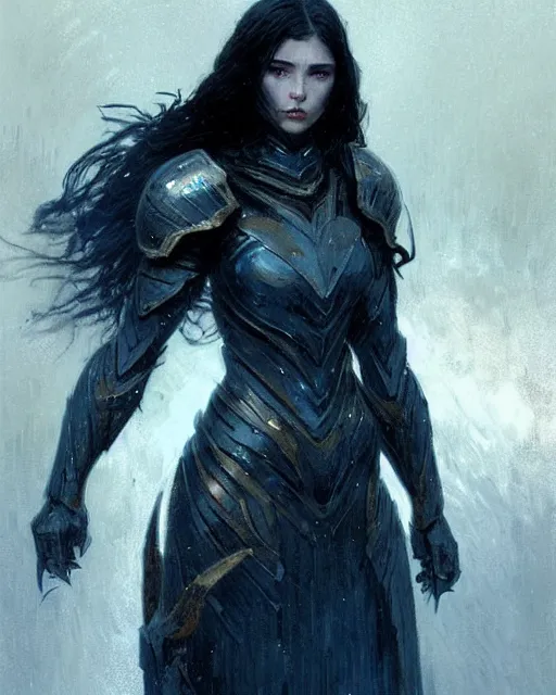 Image similar to a beautiful woman dark hair in an armor with dark eyes, perfect body, perfect face, highly detailed, elegant, dark blue, ethereal horror fantasy art by greg rutkowski and magali villeneuve and claude monet