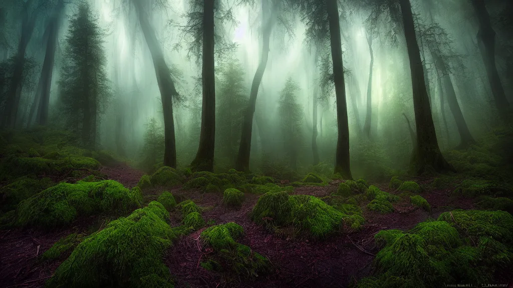 Image similar to amazing landscape photo of a forest by marc adamus, beautiful dramatic lighting