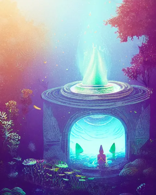 Prompt: organic spring fountain garden bokeh sparkles alena aenami rossdraws ferdinand knab oceanic underwater aura