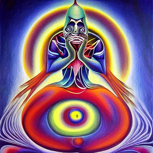 Prompt: painting a jester meditating in another dimension by Alex Grey, acrylic art, ethereal, soothing, somber, elegant, warm light, cozy, glows,