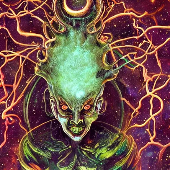 Image similar to a realistic photograph of a cosmic deity of chaotic blood wars embodied in the offspring of evil gods incarnate so they may feed on the broken souls of the empty shells of the created humans made for one thing but to be soulfood for the wicked damn