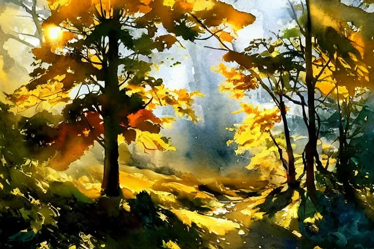 Prompt: small centered on watercolor paper, paint brush strokes, abstract watercolor painting of madeira landscape, sunlight shining through leaf, translucent leaves, cinematic light, national romanticism by hans dahl, by jesper ejsing, by anders zorn, by greg rutkowski, by greg manchess, by tyler edlin