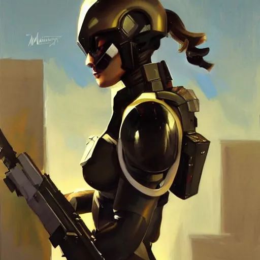 Image similar to greg manchess portrait painting of armored neena thurman aka domino as overwatch character, medium shot, asymmetrical, profile picture, organic painting, sunny day, matte painting, bold shapes, hard edges, street art, trending on artstation, by huang guangjian and gil elvgren and sachin teng