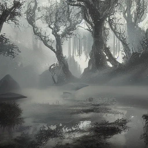 Prompt: the realm of water, cold, and mist, niflheim, cinematic lighting, featured on artstation, 8k hd artwork,