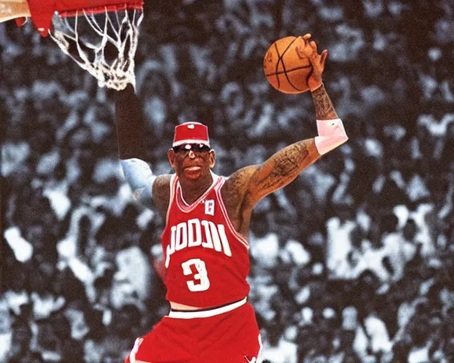 Image similar to dennis rodman t-posing in the air like jordan. he is flying over the city like a delicate little dove