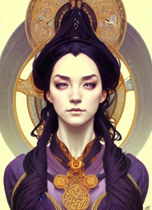 Image similar to symmetry!! portrait of a female sorcerer, dar fantasy, intricate, elegant, highly detailed, my rendition, digital painting, artstation, concept art, smooth, sharp focus, illustration, art by artgerm and greg rutkowski and alphonse mucha and huang guangjian and android jones and sachin teng