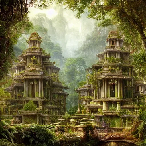 Prompt: a beautiful and highly detailed matte painting of a lost temple in a magical fantasy garden in a lush forest, intricate details, epic scale, insanely complex, 8 k, sharp focus, hyperrealism, very realistic, by caspar friedrich, albert bierstadt, james gurney, brian froud,