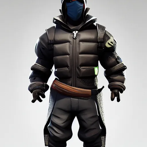 Prompt: fortnite character selection of kanye west using a full face covering black mask, a small, tight, undersized reflective bright red round puffer jacket made of nylon, dark jeans pants and big black balenciaga rubber boots, action figure, 5 points of articulation, full body, 4 k, highly detailed