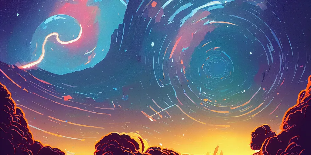 Image similar to concept art of an epic spiral galaxy in style of dan mumford and laurie greasley by james gilleard, very detailed, clean lines, atmospheric, vivid, wide angle