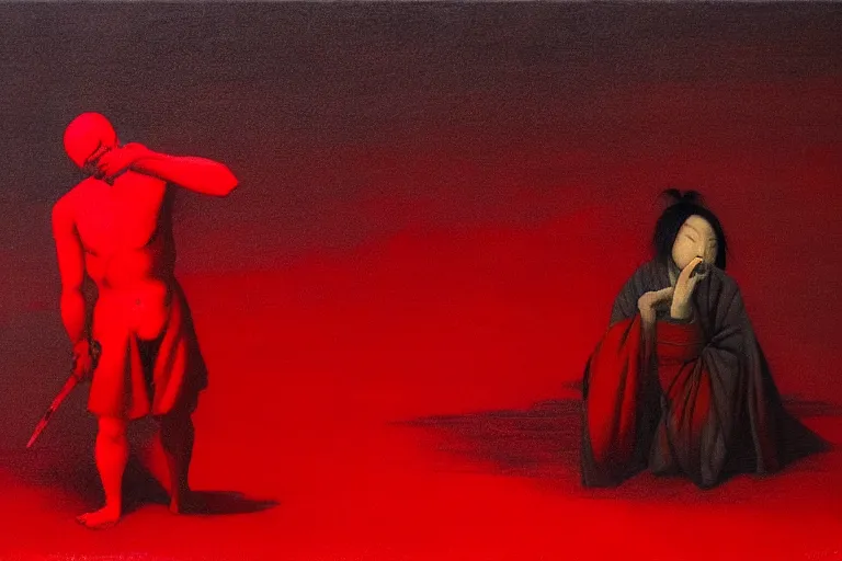 Image similar to only with red, a red samurai do seppuku, tokio, a lot of frogs watch, in the style of beksinski, parts by edward hopper, parts by rodcenko, parts by yue minjun, intricate and epic composition, red by caravaggio, insanely quality, highly detailed, masterpiece, red light, artstation, 4 k