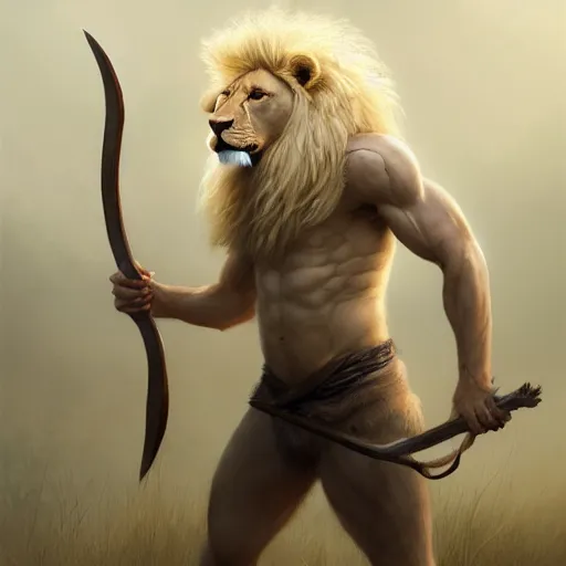 Image similar to commission portrait of a fit male anthro albino lion holding a bow,character design by charles bowater,greg rutkowski,ross tran,hyperdetailed,hyperrealistic,4k,deviantart,artstation,professional photography,concept art