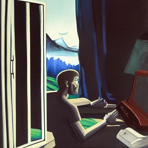 Image similar to a man begs his computer and monitor for more dalle 2 prompts. the apocalypse outside his giant apartment window. oil painting, 1 9 7 0 s