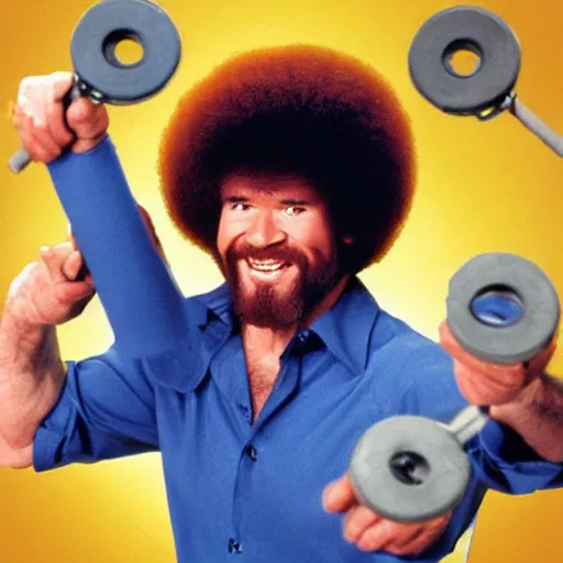 Image similar to Bob Ross showing off his nunchuck skills, action photography