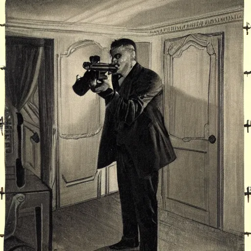 Image similar to A man in a black suit in a living room at night pointing a silenced gun at the camera, movie scene, dark