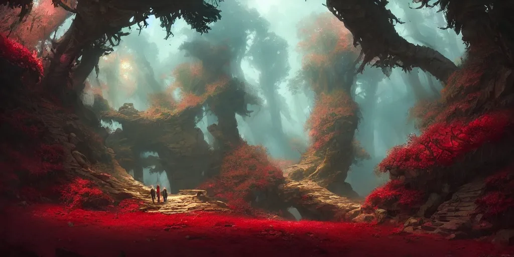 Image similar to entrance to small grotto deep inside the forest, red crystals growing everywhere. In style of Greg Rutkowski, Jesper Ejsing, Makoto Shinkai, trending on ArtStation, fantasy, great composition, concept art, highly detailed, scenery, 8K, Behance.