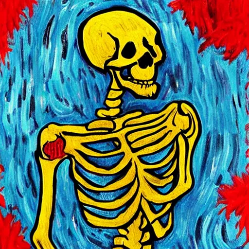 Prompt: a bloody skeleton holding a knife in the style of vincent van gogh