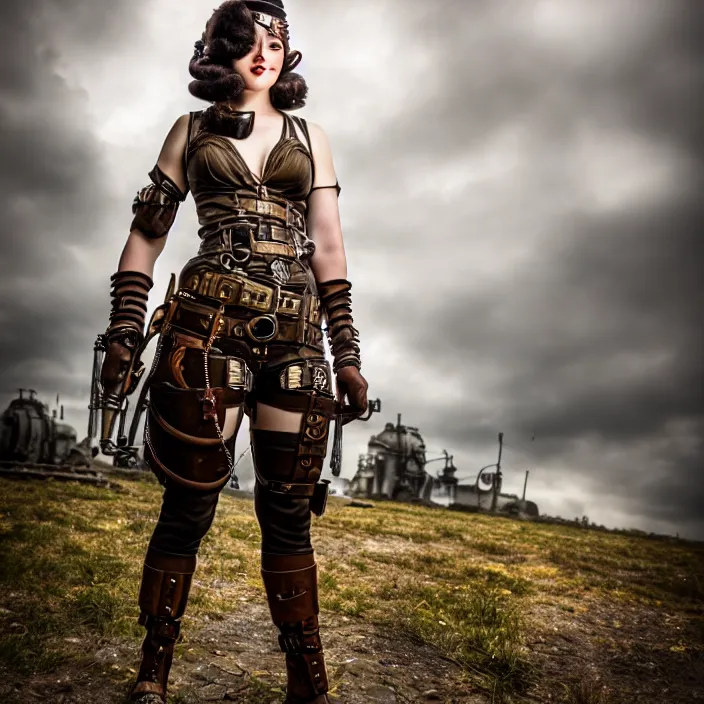 Image similar to full length photo of a very beautiful female dieselpunk warrior, 8 k, hdr, smooth, sharp focus, high resolution, award - winning photo