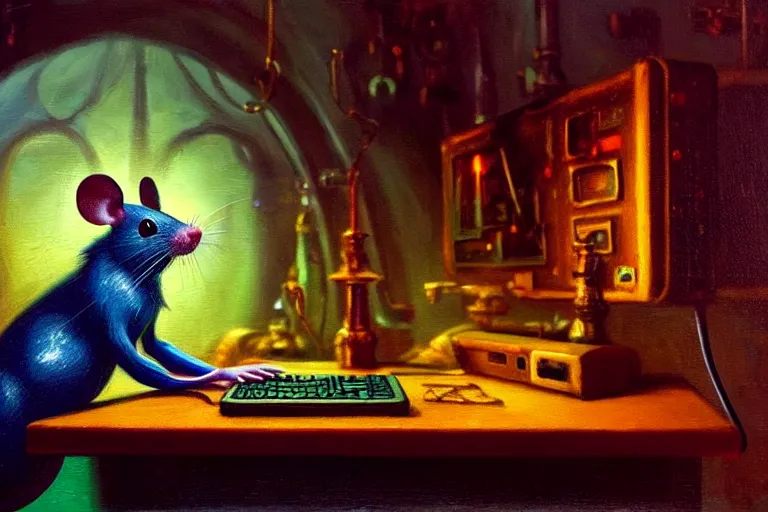 Image similar to A mouse is working on a computer in a Gothic atelier, oil painting, detailed, colorful, glowing lighting, 4k, dimly lit, in the style of vintage Disney 90s retro future,