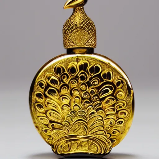 Prompt: gold peacock perfume bottle