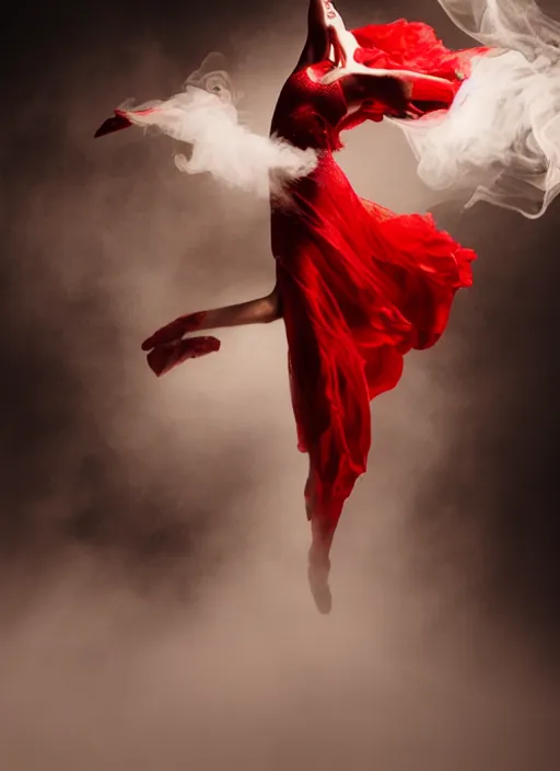 Image similar to a Photorealistic dramatic hyperrealistic render of a glamorous beautiful Female smoke dancer wearing red by Ken Brower and Deborah Ory of NYC Dance project,Lois Greenfield,Flowing cloth and smoke,Beautiful dynamic dramatic dark moody lighting,volumetric,shadows,cinematic atmosphere,Octane render,8K