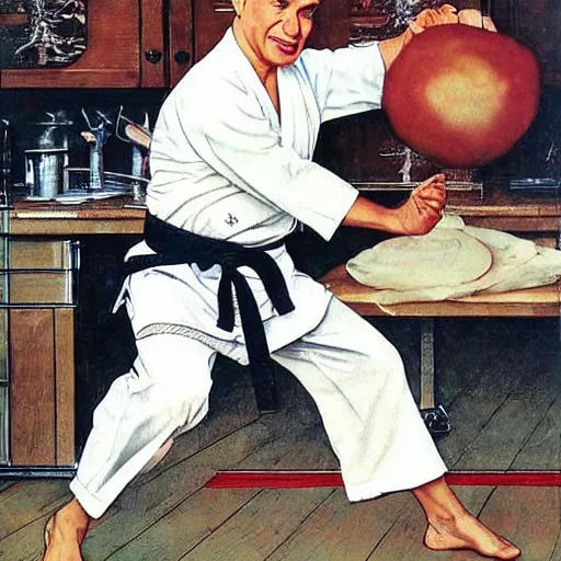 Image similar to benjamin netanyahu karate chopping a cabbage while wearing karate uniform, by norman rockwell, highly detailed