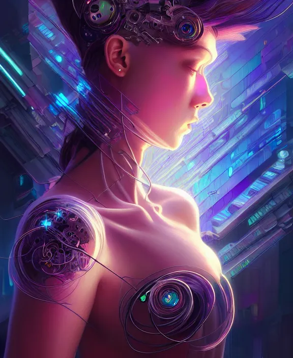 Image similar to a whirlwind of souls rushing inside the metaverse, hologram, half body, neurochip, shaved temple, piercing, jewelry, android, cyborg, cyberpunk face, by loish, d & d, fantasy, intricate, elegant, highly detailed, colorful, digital painting, artstation, concept art, art by artgerm and greg rutkowski and alphonse mucha