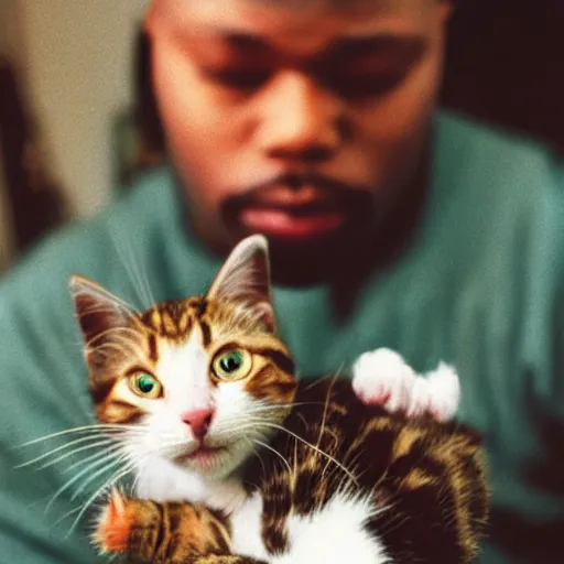 Image similar to 15mm wide-angle lens of a 1990 New York rapper holding a kitten up to the camera