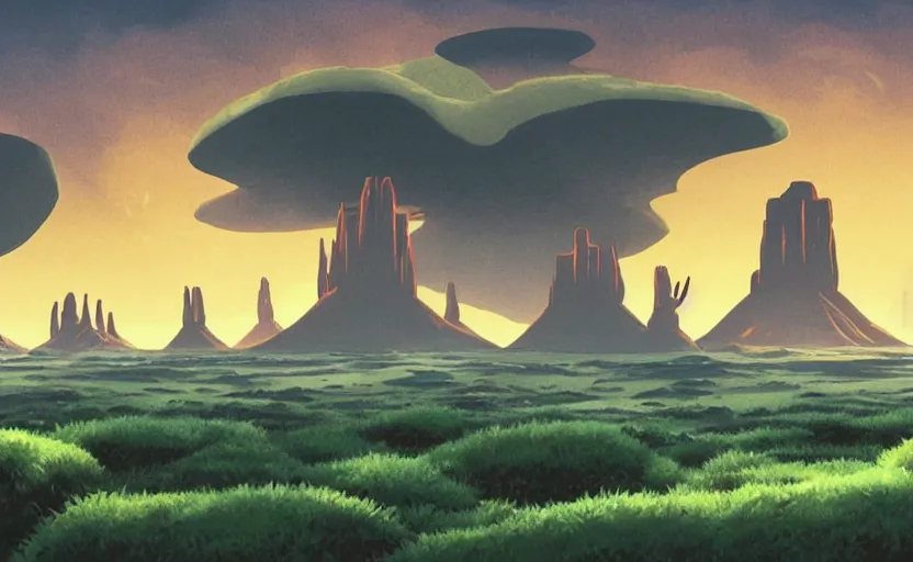 Prompt: a cell - shaded studio ghibli concept art from paprika ( 2 0 0 6 ) of a ufo with lights independence day ( 1 9 9 6 ) sitting on top of a lush temple that looks like monument valley stonehenge jungle on a misty starry night. a giant camel is in the foreground. very dull colors, hd, 4 k, hq