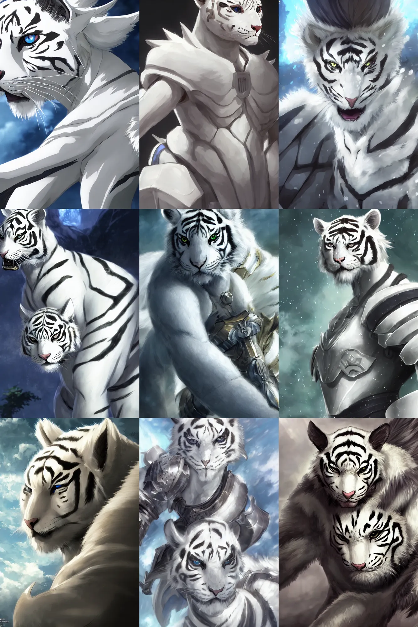 Image similar to white tiger with armor, fursona, anthro, young boy, anime key visual, detailed armor, detailed white fur, makoto shinkai, portrait
