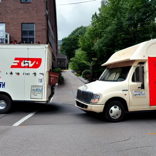 Prompt: mail man driving a mail van filled with potatoes in pittsburgh real life, 8 k, 4 k uhd, realistic, hyper realistic, super detailed, very detailed, detailed