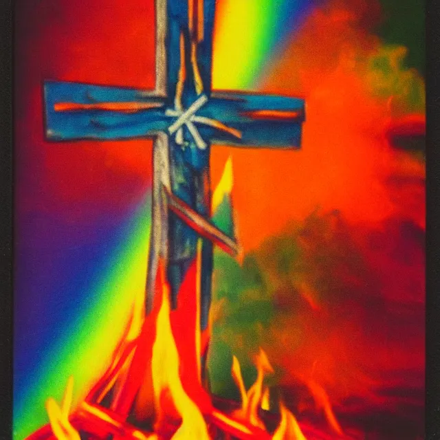 Image similar to burning cross, fire in rainbow colors, polaroid