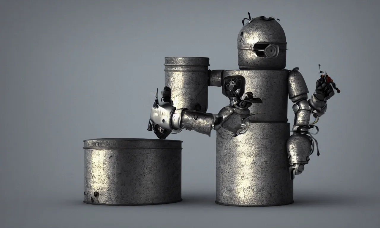 Prompt: a cute little tin can robot made from scrap metal, hyper realistic, cinematic, octane render, black shadowy background