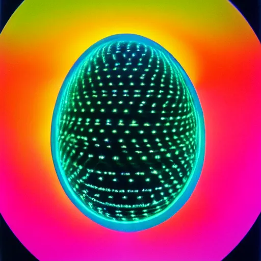 Prompt: annie liebowitz portrait of a plasma energy tron dinosaur egg in the form of a random geometric shapes, made up of glowing electric plates and patterns. cinestill