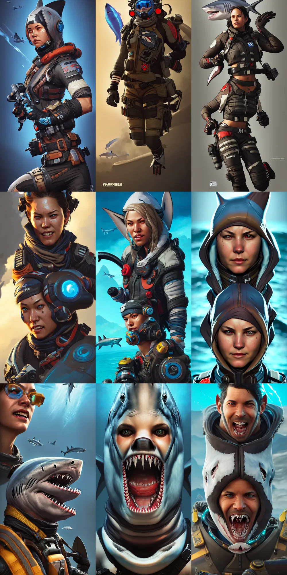 Prompt: shark as an apex legends character digital illustration portrait design by, mark brooks and brad kunkle detailed, gorgeous lighting, wide angle action dynamic portrait one subject, one character