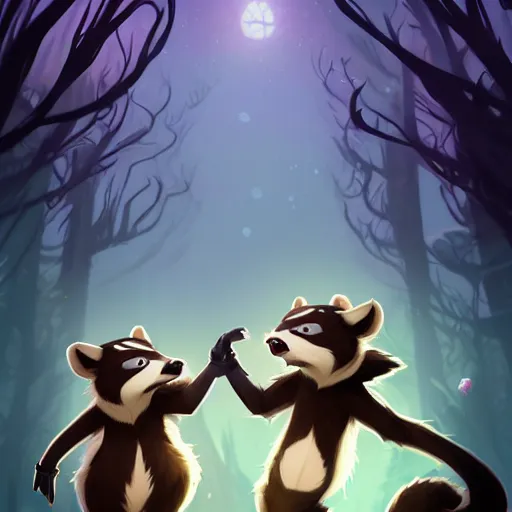 Prompt: two anthropomorphic badger brothers in fancy outfits, one brown tan domino one black white markings, pointy ears, fanart ornate fantasy ori and the blind forest cover style official behance hd artstation by jesper ejsing, by rhads, makoto shinkai and lois van baarle, ilya kuvshinov, rossdraws pastel vibrant