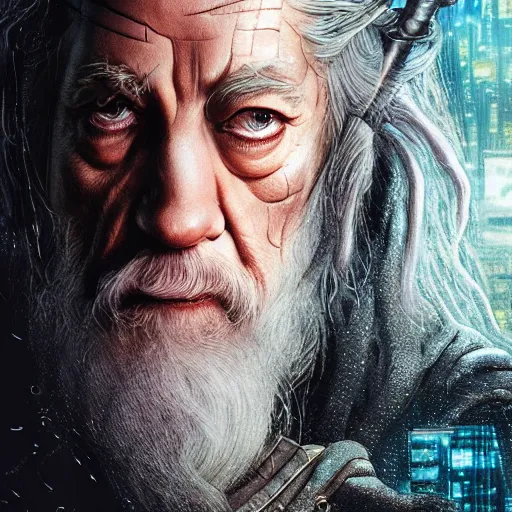 Image similar to cyberpunk gandalf, lord of the rings, photorealistic, 4 k, rain, blade runner, ultra realistic. isometric