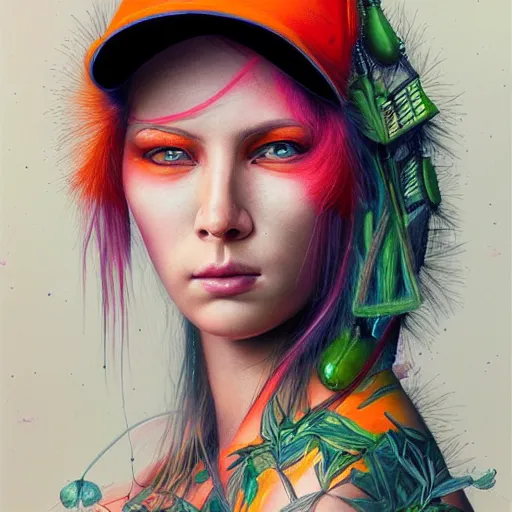 Prompt: beautiful portrait of a cyberpunk female, neon orange baseball cap by Marco Mazzoni and Hannah Yata