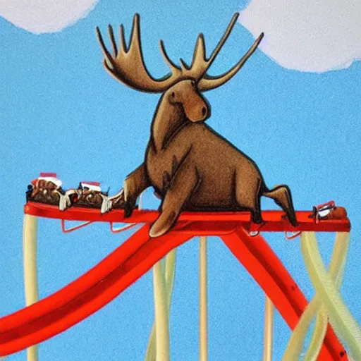 Image similar to moose riding a roller coaster,