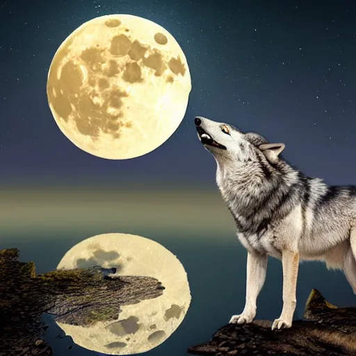 Image similar to photoshop of wolf with reptile scales instead of fur, a crocodile tail replacing the wolve's tail, photorealistic, yellowish moon overlooking misty swamp