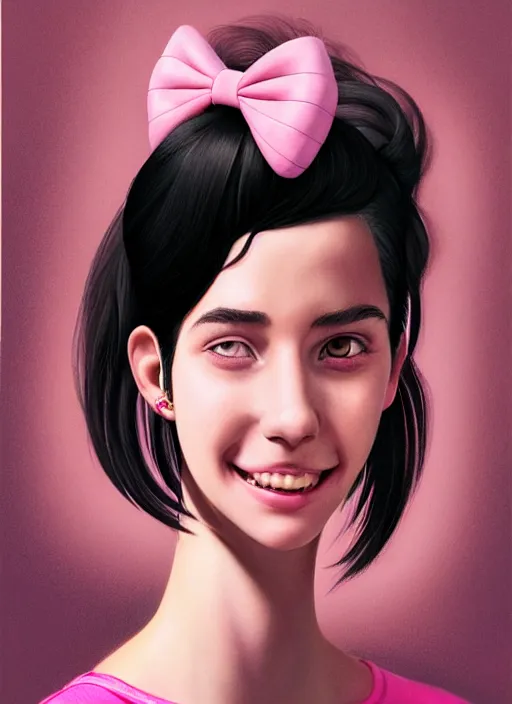 Image similar to portrait of high school girl, realistic, black hair, bangs, half updo hairstyle, pointy nose, skinny, smile, ugly, defined jawline, big chin, pink hair bow, earrings, intricate, elegant, glowing lights, highly detailed, digital painting, artstation, sharp focus, illustration, art by wlop, mars ravelo and greg rutkowski