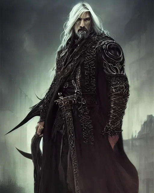 Prompt: ominous assassin, handsome male, rugged, white long hair!!, octane, ornate cloak, vines, realistic 3 d render portrait by wlop, artgerm, akihiko yoshida, greg rutkowski, ruan jia. unreal engine, ray tracing. sharp focus, highly detailed, intricate background, post processing