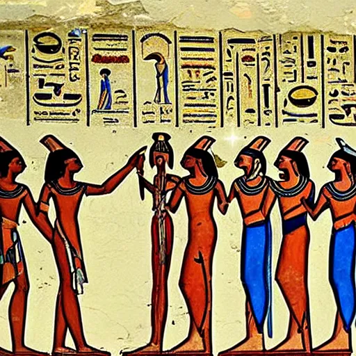 Prompt: founded egyptian painting of humans praising an emoji god