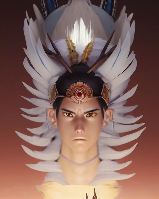 Image similar to azctec warrior, detailed perfect face, exquisite details, fire magic, mid view, design on a white background, by studio muti, greg rutkowski makoto shinkai takashi takeuchi studio ghibli