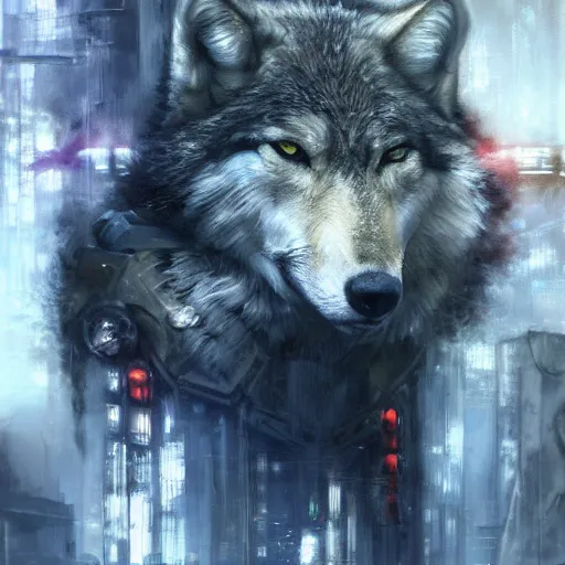 Image similar to grey wolf, painting by Raymond Swanland, cyberpunk, sci-fi cybernetic implants hq